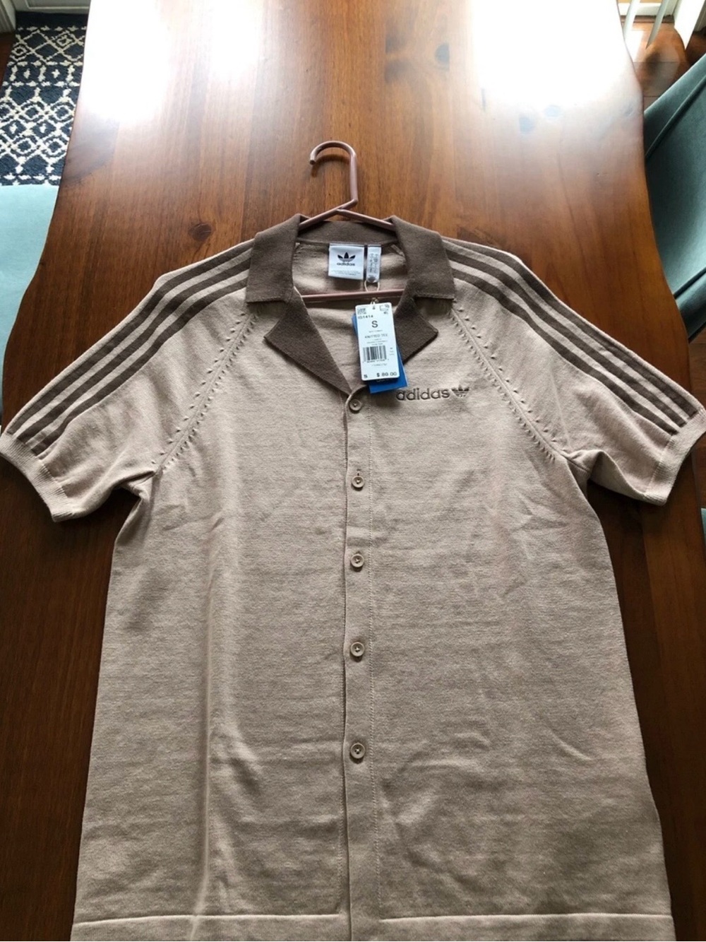 adidas Men’s Beige Button-Up Polo with Brown Collar small shirt